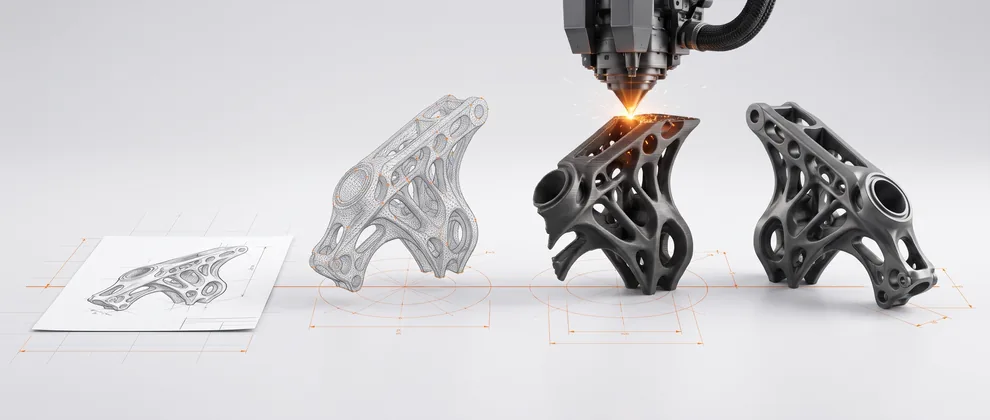 Ablauf von der Skizze über das 3D-Modell und den Druck bis zum fertigen Bauteil