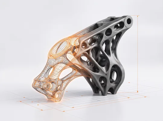 Bauteil halb als oranges Drahtgitter, halb als fertiger 3D-Druck