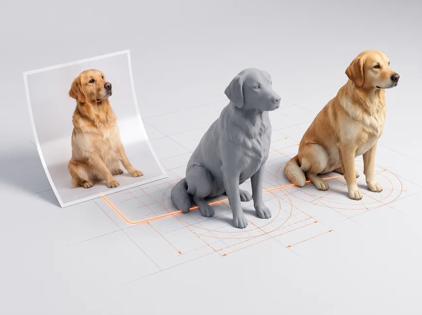 Foto eines Hundes, daneben derselbe Hund als graue gedruckte Figur und als bemalte Figur