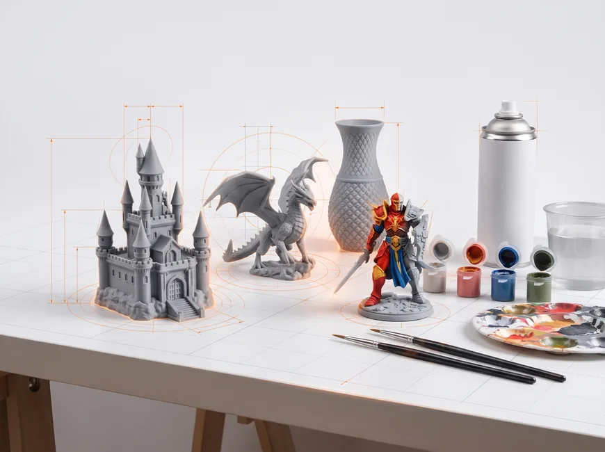 Unbemalte gedruckte Modelle mit Burg, Drache und Vase, daneben eine bemalte Figur, Farbtöpfe und Pinsel
