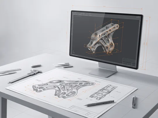 Bleistiftskizze eines Bauteils vor einem Bildschirm mit dem 3D-Modell desselben Teils